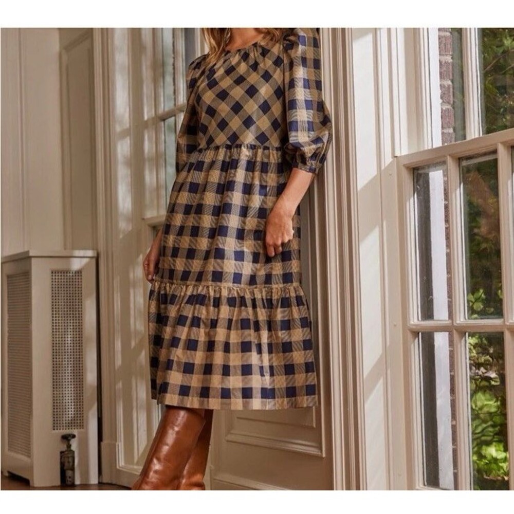 Summersalt Dress Womens Size XL Tan Navy Plaid Cotton Cottagecore Modest